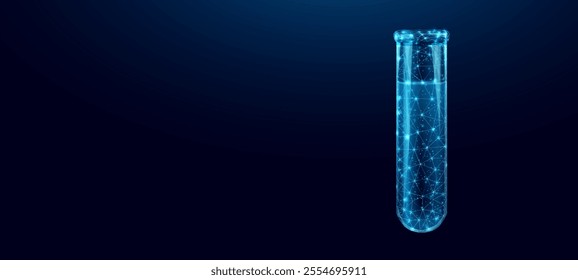 Test tube, glowing blue lowpoly wireframe glass flask on a dark background. Vector illustration design concept for medical industry and сhemical laboratory.