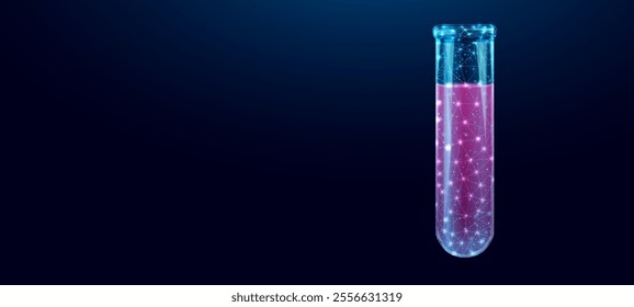 Test tube, glowing blue lowpoly wireframe glass flask on a dark background. Vector illustration design concept for medical industry and сhemical laboratory.