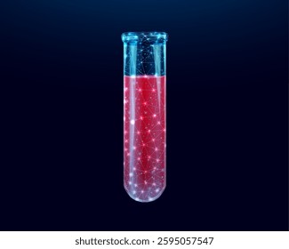 Test tube, glowing blue lowpoly wireframe glass flask on a dark background. Vector illustration design concept for medical industry and chemical laboratory.