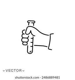 Teströhrchen in der Hand-Ikone Vektorgrafik, wissenschaftliche Forschung, Dünnzeilensymbol isoliert auf weißem Hintergrund, editierbarer Strich eps 10 Vektorillustration