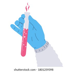 Test tube in the hand.  Vector illustration of a gloved hand holding a test tube. Icon of a bright pink fluid in a vial. Concept of vaccine, chemical expirements, medical research, science achievement