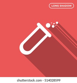 Test tube icon, chemistry vector on red background, isolated with long shadow
