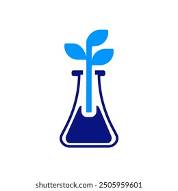 Test tube icon with dark blue liquid and green leaves emerging from it, clean geometric lines, white background, symbol of biotechnology or eco-friendly innovation, minimalistic and modern design.