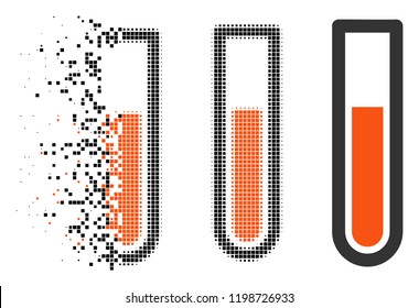 Test tube icon in dissolving, dotted halftone and undamaged whole versions. Elements are composed into vector disappearing test tube icon. Disappearing effect involves square particles.