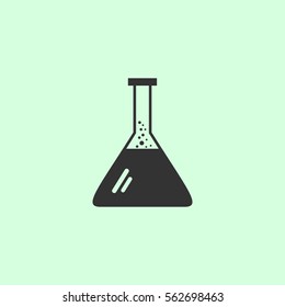 Test tube icon flat. Grey vector symbol on green background