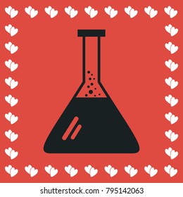Test tube icon flat. Simple black pictogram on red background with white hearts for valentines day. Vector illustration symbol