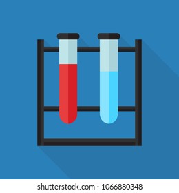 test tube icon in flat style with long shadow, isolated vector illustration on blue transparent background