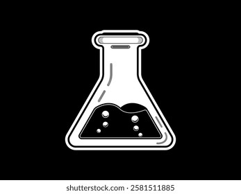 Test tube icon illustration design with chemical liquid, equipment from chemical laboratory for experiments, vector realistic icon in black and white sticker style isolated on black background