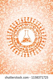 test tube icon inside abstract orange mosaic emblem