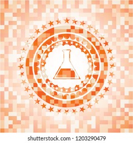 test tube icon inside abstract emblem, orange mosaic background