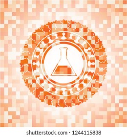 test tube icon inside abstract orange mosaic emblem with background