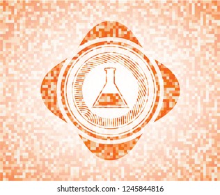 test tube icon inside abstract emblem, orange mosaic background
