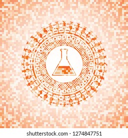 test tube icon inside abstract orange mosaic emblem with background
