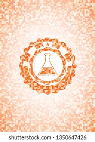 test tube icon inside abstract orange mosaic emblem with background
