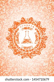 test tube icon inside abstract orange mosaic emblem with background