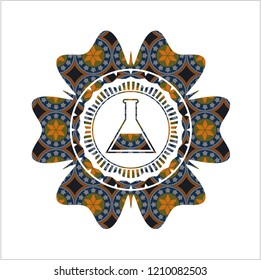 test tube icon inside arabesque emblem background. arabic decoration.