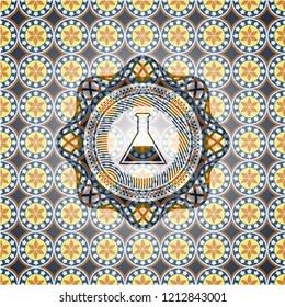 test tube icon inside arabesque style emblem. arabic decoration.