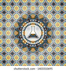 test tube icon inside arabesque style badge. arabic decoration.