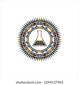 test tube icon inside arabesque style badge. arabic decoration. 