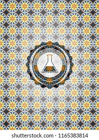 test tube icon inside arabic style badge. Arabesque decoration.