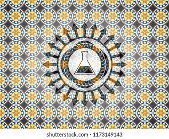 test tube icon inside arabic style badge. Arabesque decoration.