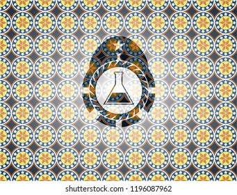 test tube icon inside arabic style badge. Arabesque decoration.
