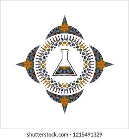 test tube icon inside arabic badge background. Arabesque decoration.