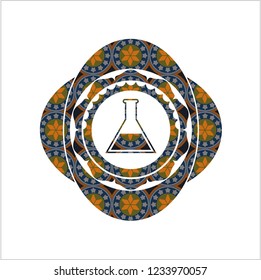 test tube icon inside arabic badge. Arabesque decoration.