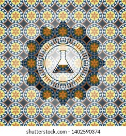 test tube icon inside arabic style emblem. Arabesque decoration.