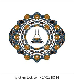 test tube icon inside arabic badge. Arabesque decoration.