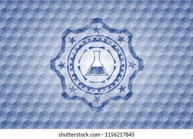test tube icon inside blue badge with geometric pattern.