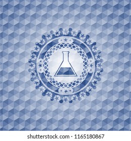 test tube icon inside blue polygonal emblem.