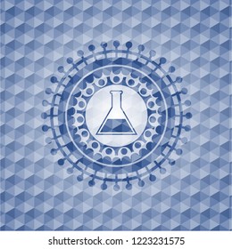 test tube icon inside blue emblem with geometric background.