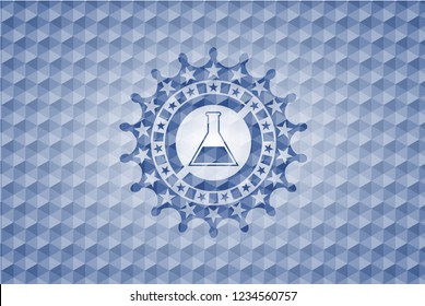 test tube icon inside blue emblem or badge with abstract geometric pattern background.