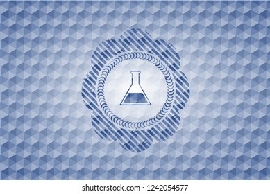 test tube icon inside blue emblem or badge with abstract geometric polygonal pattern background.