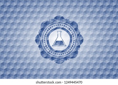 test tube icon inside blue badge with geometric pattern.