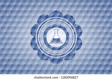 test tube icon inside blue hexagon emblem.