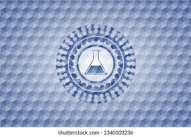 test tube icon inside blue emblem or badge with geometric pattern background.