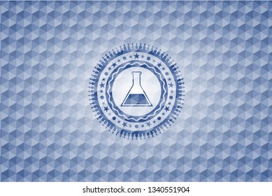 test tube icon inside blue emblem or badge with abstract geometric polygonal pattern background.
