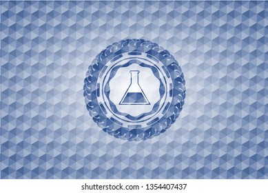 test tube icon inside blue emblem with geometric pattern background.