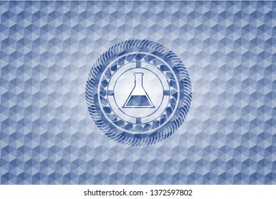 test tube icon inside blue badge with geometric pattern background.