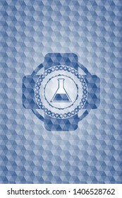 test tube icon inside blue emblem with geometric pattern.