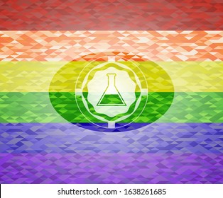 test tube icon inside emblem on mosaic background with the colors of the LGBT flag