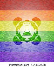 test tube icon inside emblem on mosaic background with the colors of the LGBT flag