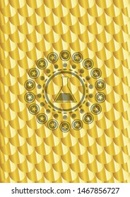 test tube icon inside gold emblem. Scales pattern. Vector Illustration. Detailed.