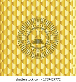 test tube icon inside gold badge or emblem. Scales pattern. Vector Illustration. Detailed. 