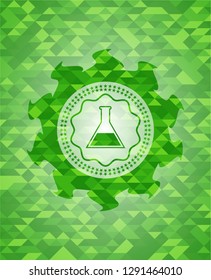 test tube icon inside green emblem. Mosaic background