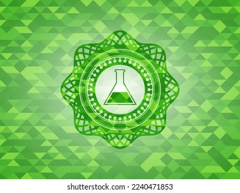 test tube icon inside green emblem. Mosaic background. 