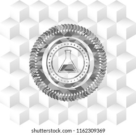 test tube icon inside grey icon or emblem with geometric cube white background