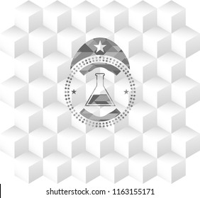 test tube icon inside grey badge with geometric cube white background